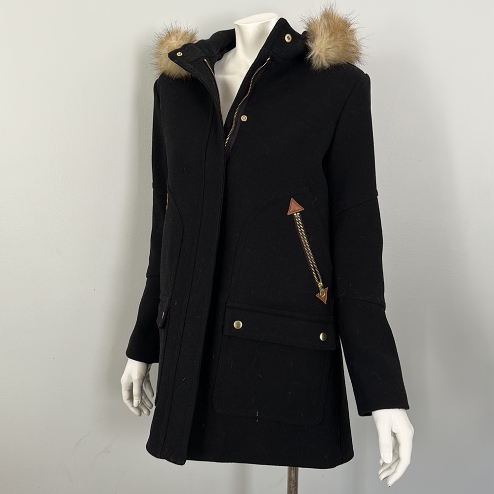 Copper Key Long Black Pea Coat Faux Fur Hood EUC